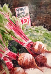 Finished Painting, "Beets 'N Green Beans", Watercolor on Gessoed Plexiglass. 21 x 31